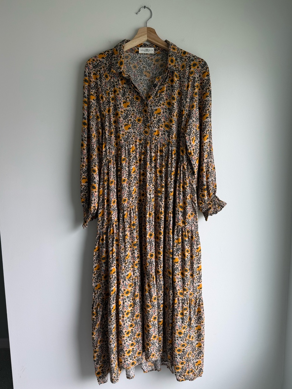 Natural Life Floral Tiered Midi Dress Medium Boho Cottagecore 100% Rayon